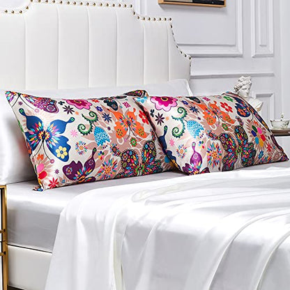  Satin Pillowcase For Hair And Skin,Pillowcases Standard Set Of 2,Silky Boho Pillow Covers 2 Pack Soft&Cozy Silk Satin Pillow Cases For Women 2 Pack With Envelope Closure(20x26,Butterfly)