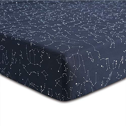  Wake In Cloud - Constellation Sheet Set, Navy Blue With White Space Stars Pattern Printed, Soft Microfiber Bedding (4pcs, Full Size)