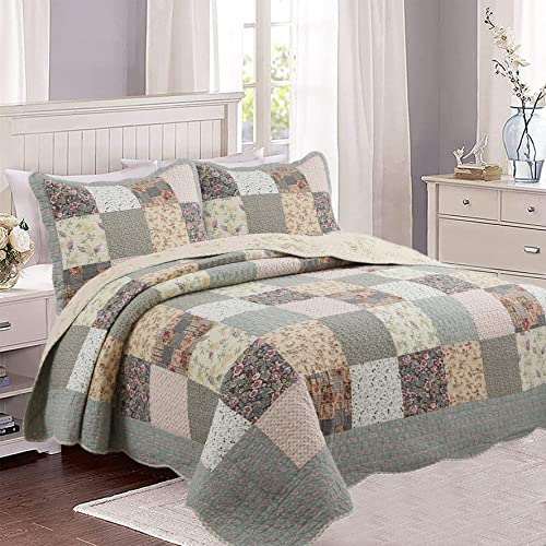  Cozy Line Home Fashions Country Farm Vintage Antique Floral Real Patchwork 100% Cotton Reversible Quilt Bedding Set, Coverlet Bedspread For All Seasons (Cottage, Queen - 3 Piece)