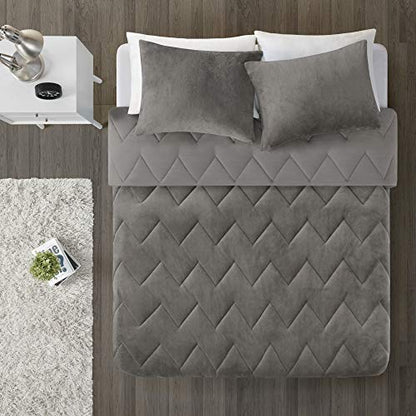  Intelligent Design Kai Solid Chevron Quilted Reversible Ultra Soft Microfiber To Cozy Plush Zipper Closure Comforter Set Bedding, Full/Queen Size, Grey