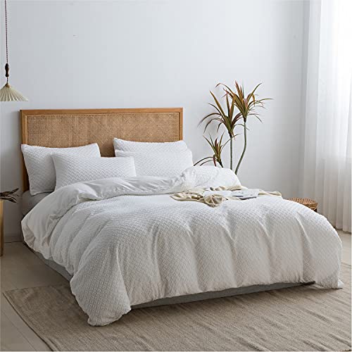  White Duvet Cover Set-Tufted Soft Microfiber 3 Pieces Luxury Rectangle Embroidery Duvet Cover,with Zipper Closure & Corner Ties. Solid Color Breathable Duvet Cover Queen Size(No Comforter)