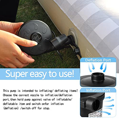  Electric Air Pump For Inflatables -Quick Fill Portable Air Mattress Pump With 3 Nozzles 110V AC/12V DC -2 In 1 Inflator/Deflator Pump For Inflatable Couch Boat Blow Up Chair Pool Float Airbed
