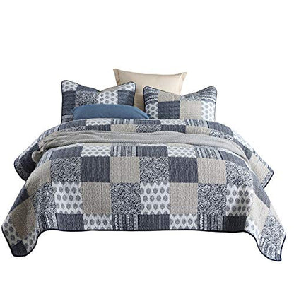  VIVILINEN Quilted Bedspread Coverlet Set 3 Pieces Navy Patchwork Stitched Pattern Reversible Quilt Sets With 2 Pillow Shams Full/Queen Size 90’’x98