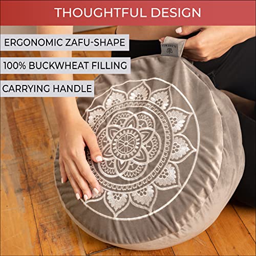  Florensi Meditation Cushion - Comfortable Floor Pillow - Traditional Tibetan Meditation Pillow With Beautiful Velvet Cover - Large Floor Cushion Seating For Adults - Premium Yoga Buckwheat Bolster