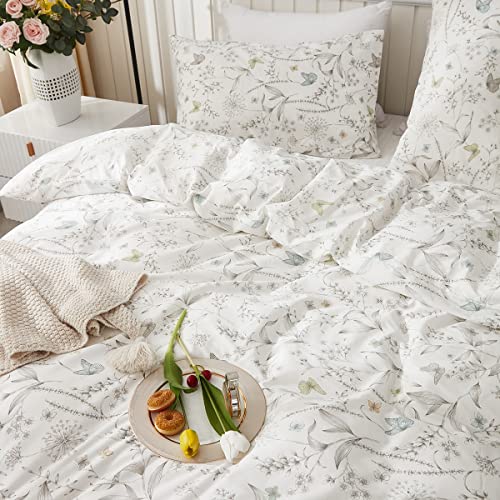  White Botanical Floral Duvet Cover Set King Size 100% Cotton Plants Flower Blossom Printed Comforter Cover Modern Rustic Flower Comforter Quilt Cover With Zipper And Closure 3 Pieces Bed Set