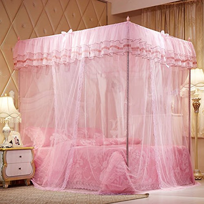  4 Corners Post Pink Canopy Bed Curtain For Girls & Adults - Cute Cozy Drape Square Netting For Twin Bed - 4 Opening 45" W X 80" L Mosquito Net - Princess Bedroom Decoration