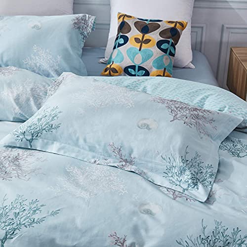  Brandream Coastal Beach Bedding Set Queen Size 100% Cotton Duvet Cover Set Tropical Coral Seashells Bedroom Set 3-Piece (No Comforter)