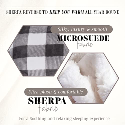  Elegant Comfort 3-Piece Buffalo Lodge-Plaid Comforter Set, Luxurious, Heavyweight, All Season, Down Alternative-Micromink Sherpa-Backing Reversible Micro-Suede, Soft And Plush, Queen, Gray/White