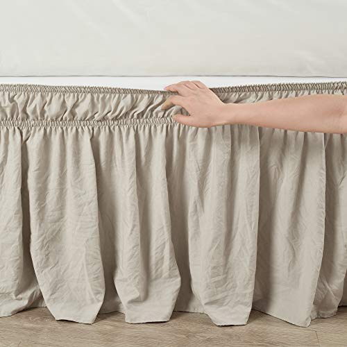  Ruched Ruffle Elastic Easy Wrap Around Bedskirt, Queen/King/Cal King, Neutral