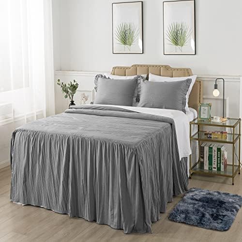  4 Pieces Ruffle Skirt Bedspread Queen With 30 Inches Drop Ruffled Style Coverlet Bedspread With 2 Shams And 1 Area Rug - Shrinkage And Fade Resistant Shabby Chic Bedding Quilt Set, Cream