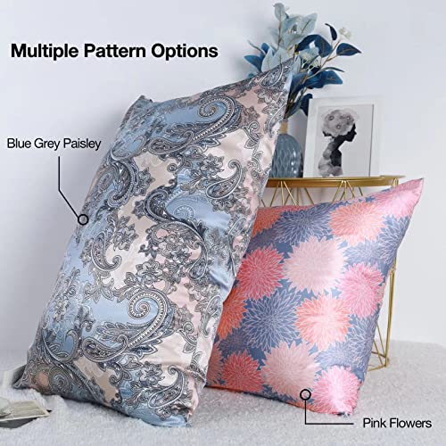  FELYSIK Blue Gray Paisley Silk Pillowcase For Hair And Skin - Queen 20"x30", 22 Momme 100% Mulberry Silk Floral Print Pillow Cases With Zipper