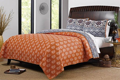  Finely Stitched Boho Chic Moroccan Paisley Pattern Grey Orange Cotton 3 Piece King Size Quilt Bedding Set - Includes Bed Sheet Straps