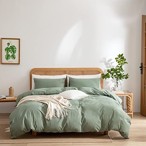  Age Duvet Cover King, Modern Minimalist Style Solid Colored Bedding Set, 3 Pieces Ultra Soft Washed Cotton Comforter Cover With Zipper Ties, 1 Green Duvet Cover & 2 Pillowcases, No Comforter