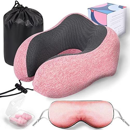  Levcoecam Travel Neck Pillow,Memory Foam Neck Pillow,Comfortable & Breathable Cover, Portable Airplane Travel Kit With 3D Contoured Eye Masks, Earplugs, And Luxury Bag (Pink)
