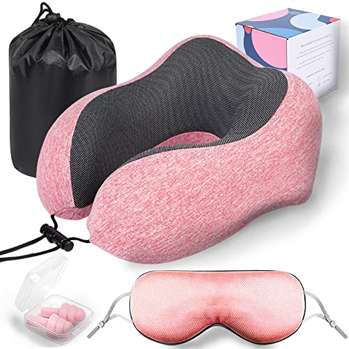  Levcoecam Travel Neck Pillow,Memory Foam Neck Pillow,Comfortable & Breathable Cover, Portable Airplane Travel Kit With 3D Contoured Eye Masks, Earplugs, And Luxury Bag (Pink)