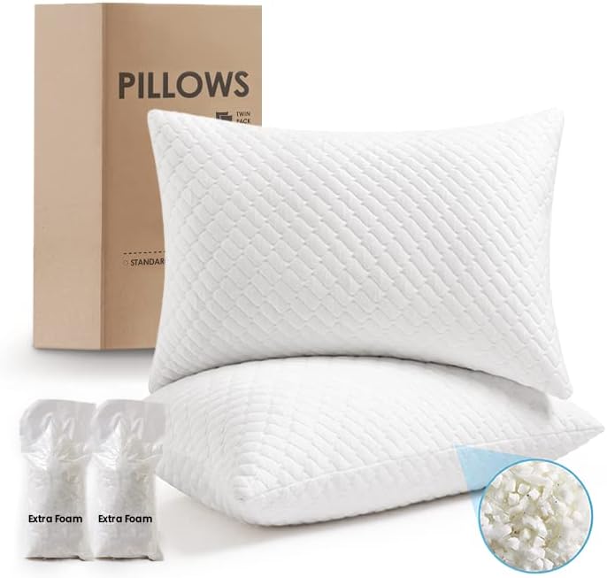  Memory Foam Pillows King For Sleeping Adjustable Fill Bed Pillows Cool Bamboo Surface Pillows With Washable Pillowcase, Extra Fill 2 Packs(0.9LB) Included