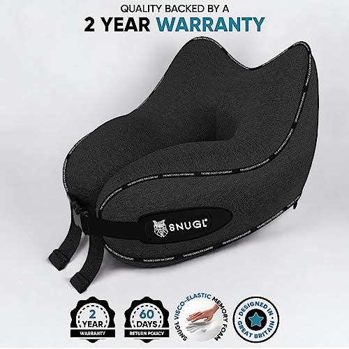  SNUGL Travel Pillow - Memory Foam Neck Cushion - Flight Pillow | Support Neck Pillow For Travel | Travel Neck Pillow For Airplane With Carry Bag & Clip | Flying Travel Essentials (Jet Black - Regular)