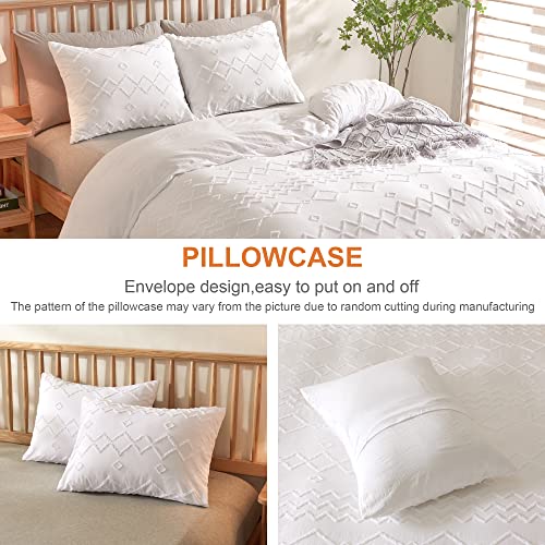  White Tufted Duvet Cover King Size (104x90 Inch), 3 Pieces Boho Soft Microfiber Bedding For All Seasons, Shabby Chic Embroidery Geometric Comforter Cover With Zipper Closure Corner Ties