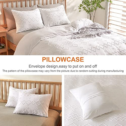  White Tufted Duvet Cover King Size (104x90 Inch), 3 Pieces Boho Soft Microfiber Bedding For All Seasons, Shabby Chic Embroidery Geometric Comforter Cover With Zipper Closure Corner Ties