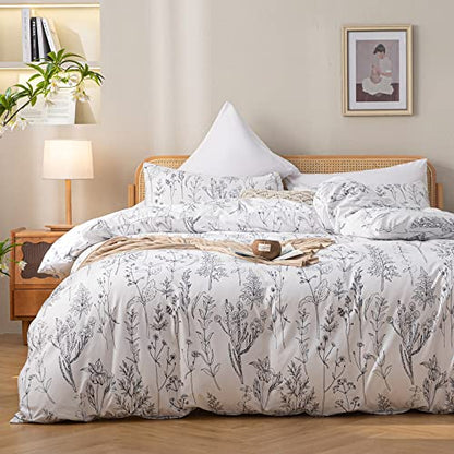  JANZAA 3pcs White Comforter Set, Soft Microfiber Bedding Plant Flowers Printed Comforter With 2 Pillow Cases For All Seasons(Queen)