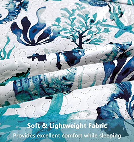  CHESITY 3-Piece Ocean Quilts Set Full/Queen Size Beach Bedspread Lightweight Coastal Bedding Reversible Bedding Cover Nautical Coverlet Set Seaweed Starfish Beach(90"x90")