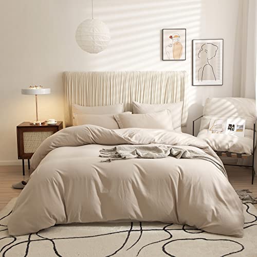  Queen Beige Duvet Cover Washed Microfiber Cream Beige Tan Khaki Quilt Cover Sets Queen Size 3 Pieces Tan Solid Color Bedding Sets (1 Queen Beige Duvet Cover And 2 Pillow Shams)