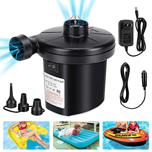 Electric Air Pump For Inflatables -Quick Fill Portable Air Mattress Pump With 3 Nozzles 110V AC/12V DC -2 In 1 Inflator/Deflator Pump For Inflatable Couch Boat Blow Up Chair Pool Float Airbed