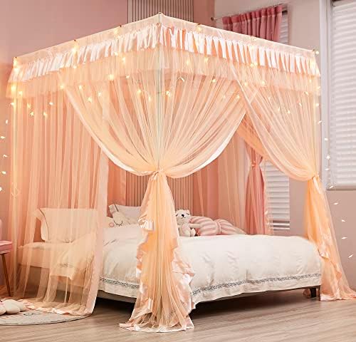  Mengersi Rainbow Canopy Bed Curtains With Lights - Princess Bed Canopy For Girls - Bed Drapes Netting- Bedroom Decoration Accessories,Twin