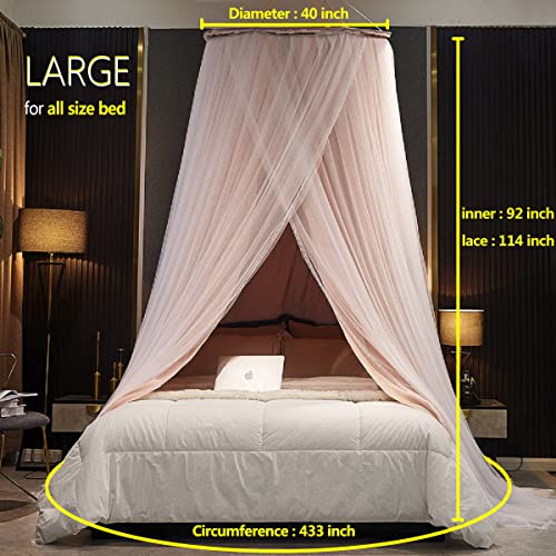  Luxurious Bed Canopy For Girls & Adults, Large Elegant Double Layer Bed Curtain Canopy Drapes, Round Dome Lace Princess Canopies Netting (Pink)