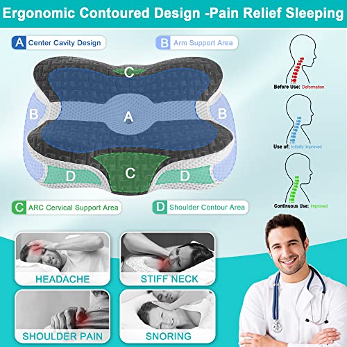  Elviros Cervical Pillow, Contour Memory Foam Pillow For Neck Pain Relief, Adjustable Orthopedic Contour Support Pillows For Sleeping, Ergonomic Bed Pillow For Side, Back, Stomach Sleepers (Dark Grey)