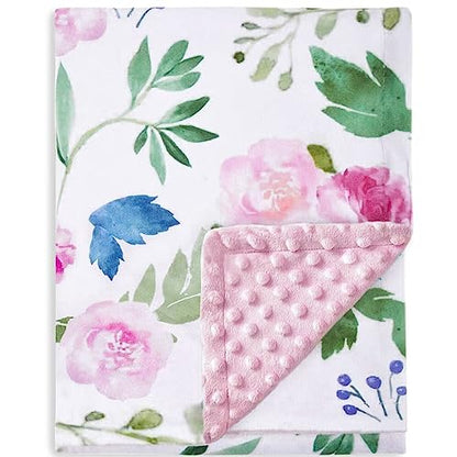  Baby Blanket For Girls Super Soft Double Layer Minky With Dotted Backing, Elegant Receiving Blanket With Pink Floral Multicolor Printed Blanket 30 X 40 Inch(75x100cm), Navy Blue