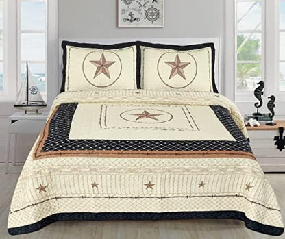  LinenTopia 3-Piece Queen Size Quilt Bedspread Set With 2 Shams, Wild Country/Horseshoe/Barbwire/Star Design, Beige Coffee, (Queen, Star Barbwire, Beige)