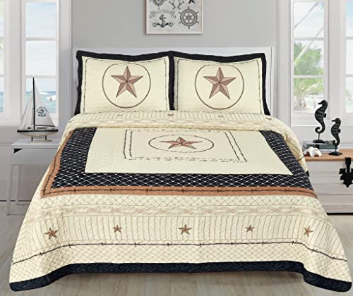  LinenTopia 3-Piece Queen Size Quilt Bedspread Set With 2 Shams, Wild Country/Horseshoe/Barbwire/Star Design, Beige Coffee, (Queen, Star Barbwire, Beige)