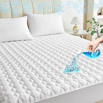  Mooreeke Premium 100% Waterproof Cooling Mattress Protector Queen Size Tencel Breathable Mattress Pad, Deep Pocket Fitted Mattress Cover Smooth Noiseless Soft Cooler Than Bamboo & Machine Washable