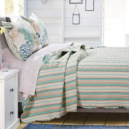  Beach Theme Ocean Coastal Quilt King/Cal King Bedding Set - Nautical Seashell Beach Tropical Decor - All Season 3 Pieces Bedspread/Coverlet With Shams Green