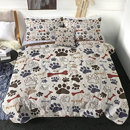  Sleepwish Brown Dog Paw Bone Comforter Set Kids Dog Paw Prints Bedding Set For Kids Children Bedspreads 4Pcs King Size Dog Lovers Gifts For Women Kids Men