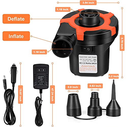  EMIERAI Electric Air Pump For Inflatables - Portable Quick-Fill Air Mattress Pump With 3 Nozzles | Inflator/Deflator Pumps For Camping, Inflatable Cushions, Boats, Swimming Ring, 12V DC/110V AC
