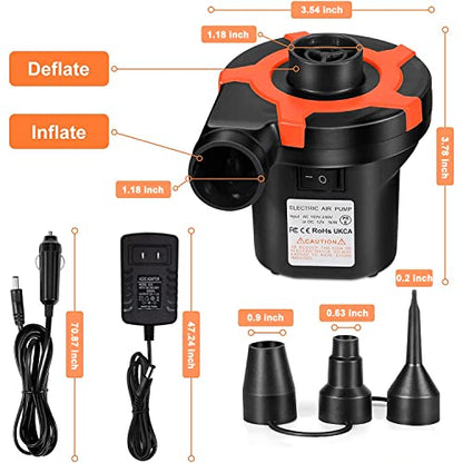  EMIERAI Electric Air Pump For Inflatables - Portable Quick-Fill Air Mattress Pump With 3 Nozzles | Inflator/Deflator Pumps For Camping, Inflatable Cushions, Boats, Swimming Ring, 12V DC/110V AC