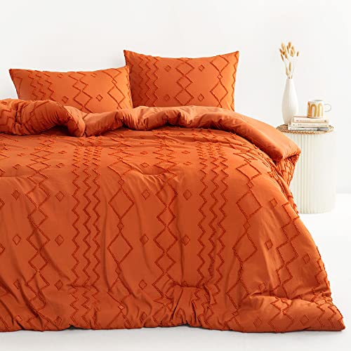  Wake In Cloud - Burnt Orange Comforter Set, Boho Tufted Textured Shabby Chic Farmhouse Bohemian Geometric Design, Soft Microfiber Bedding (3pcs, Queen Size)