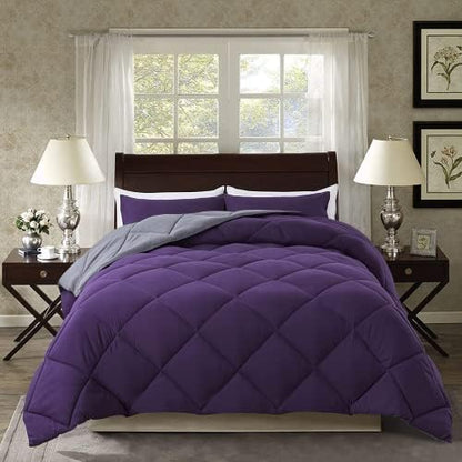  ELNIDO QUEEN 3 Pieces Comforter Set (Full, Purple & Grey) - 1 Reversible Down Alternative Comforter With 2 Pillow Shams - Soft Lightweight Duvet Insert | 82x86 Inch
