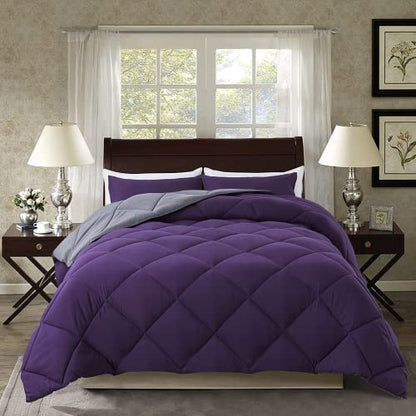  ELNIDO QUEEN 3 Pieces Comforter Set (Full, Purple & Grey) - 1 Reversible Down Alternative Comforter With 2 Pillow Shams - Soft Lightweight Duvet Insert | 82x86 Inch