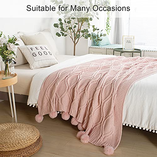  Chunky Knit Blanket With Pom Poms- Thick, Soft, Big, Cozy Throw Blankets For Couch, Bed, Sofa, Chair-50×60 Inches,Pink