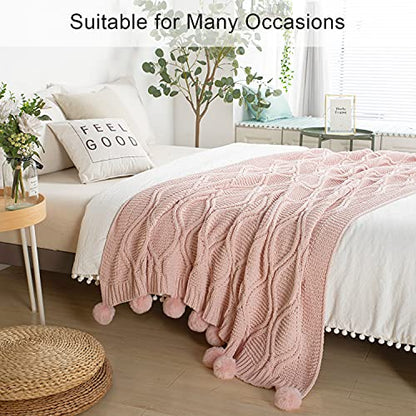  Chunky Knit Blanket With Pom Poms- Thick, Soft, Big, Cozy Throw Blankets For Couch, Bed, Sofa, Chair-50×60 Inches,Pink