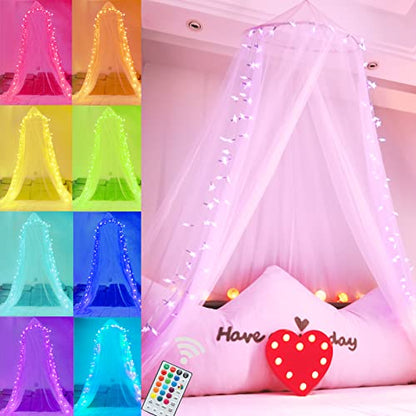  White Bed Canopy, Princess Canopy Bed Curtains With 18 Color Changing Star Lights Dome Bed Canopy With Lights For Girls Bedroom Twin Full Queen King Size Bed