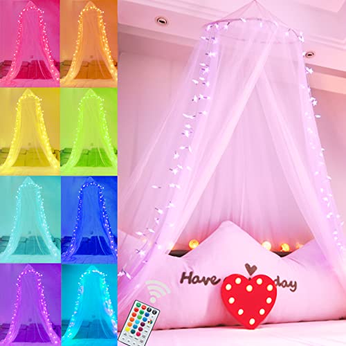 White Bed Canopy, Princess Canopy Bed Curtains With 18 Color Changing Star Lights Dome Bed Canopy With Lights For Girls Bedroom Twin Full Queen King Size Bed