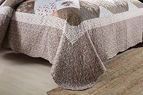  Yvooxny 3-Piece Queen Quilt Sets Bedspread Coverlet Set With Shams Microfiber Quilted Bedding Set, Brown Floral Patchwork Pattern