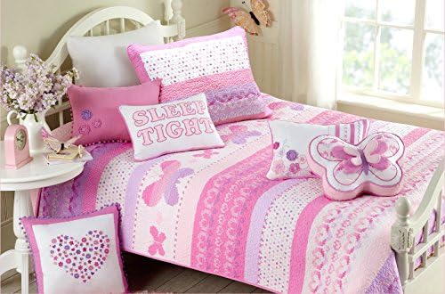  Cozy Line Home Fashions Pink Flower Lace Ruffle Stripe Shabby Chic Girl 100% Cotton Reversible Quilt Bedding Set, Coverlet, Bedspread (Pink Lace, Twin - 2 Piece: 1 Quilt + 1 Sham)