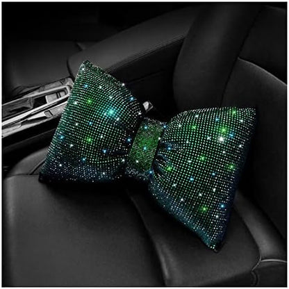  Happyera 1 Pack Bling Bling Rhinestones Bowknot Car Headrest Pillow, Crystal Lumbar Support Pillow, Neck Rest Pillow For Car, Head Neck Support For Pain Relief - White Waist Pillow