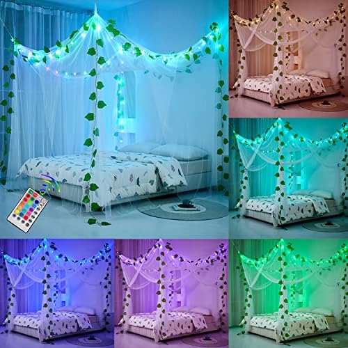  Princess Canopy Bed Curtains Bed Canopy Curtains With Lights For Queen Size Bed Drapes,8 Panels Canopies With 2 Lights,Room Décor (Full/Queen, White)