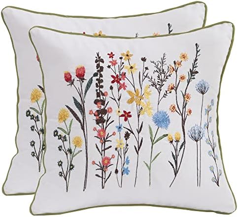  Tosleo Farmhouse Pink Tulip Embroidered Decorative Throw Pillow Covers 18x18 Set Of 2 Flowers Tufted Pillow Cushion Cases Square Floral Cotton Pillowcases For Wedding Sofa Couch Bedroom Living Room